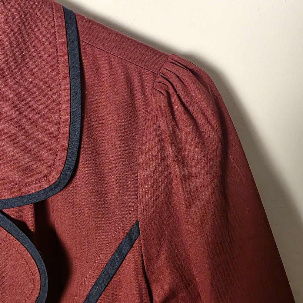 ModCloth Burgundy Trench Coat Belted Jacket Navy Piping Vintage Inspired - Picture 4 of 8